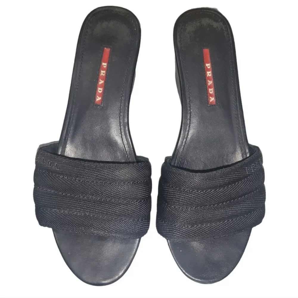 PRADA Vintage Y2K 2000s Black Mesh‎ Leather Platform Slip-on Sandal Size 36